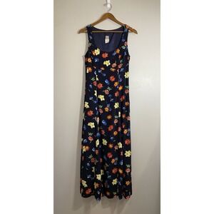 Oilily Dress Womens 12 Colorful Flower Print On Blue Sleeveless Fully Lined Maxi